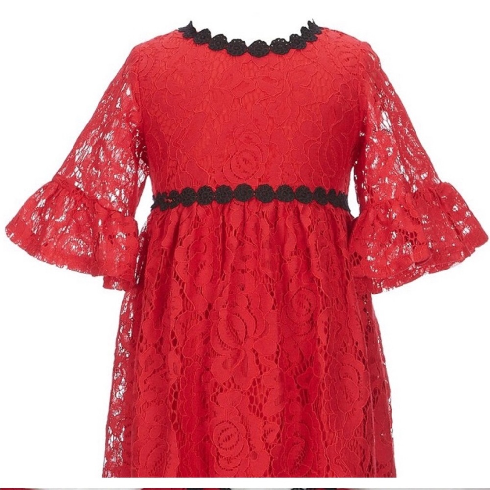 Kate Spade 6X red lace dress w/bell sleeves. Black lace accents. Flamenco style